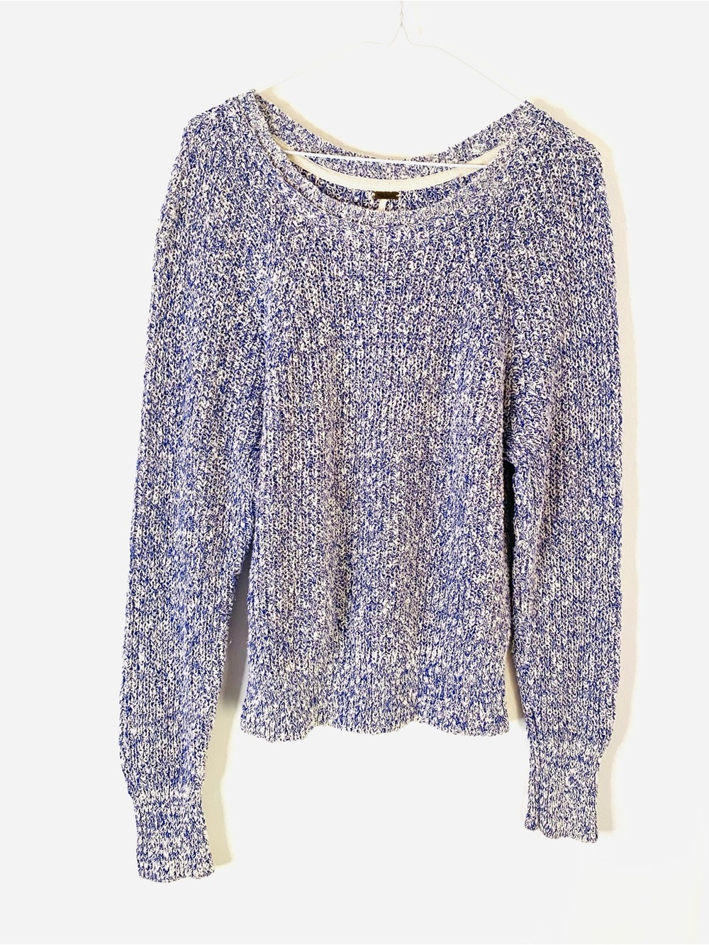 Free People Blue White Linen Cotton Marled Knit Double Edge Collar Sweater
